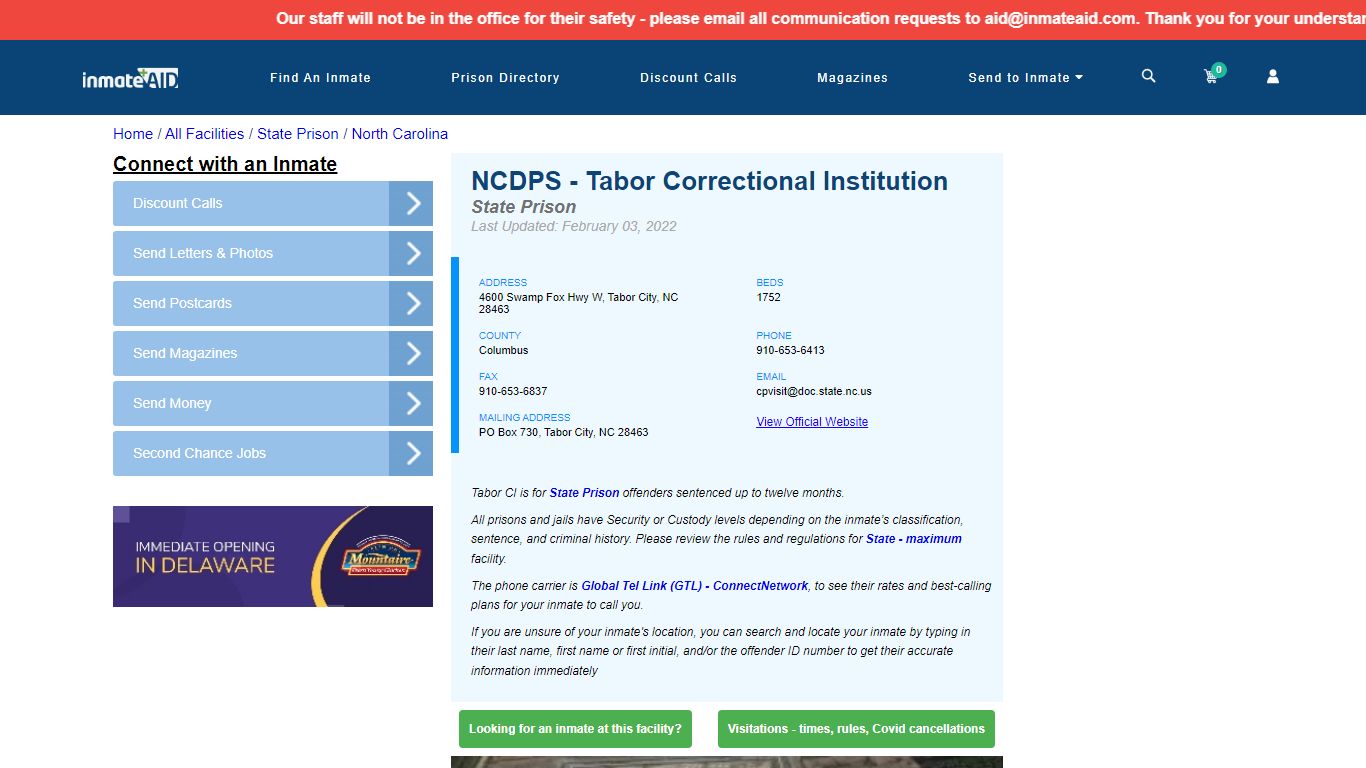 NCDPS - Tabor Correctional Institution & Inmate Search ...